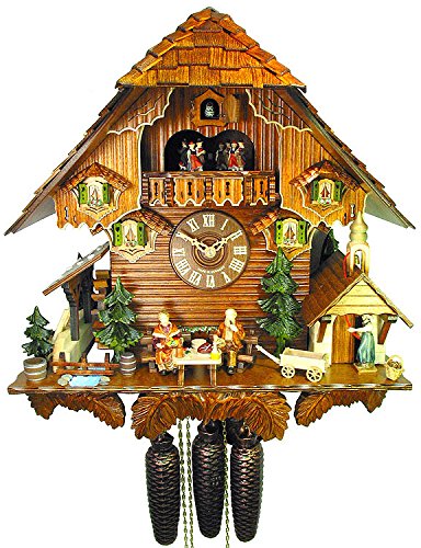 Grande horloge à coucou traditionnelle de la forêt noire certifiée, 8 jours, en bois sculpté, grand chalet avec personnages de August Schwer