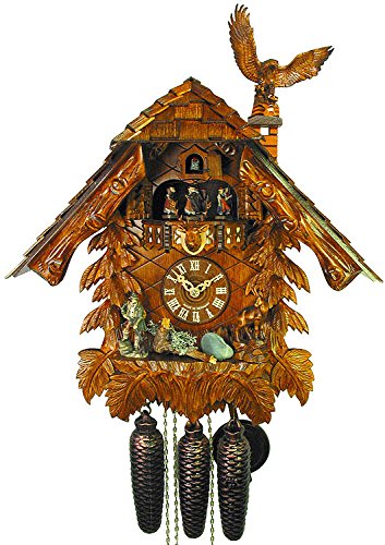 Grande horloge à coucou traditionnelle de la forêt noire certifiée, 8 jours, en bois sculpté, grand chalet avec aigle de August Schwer