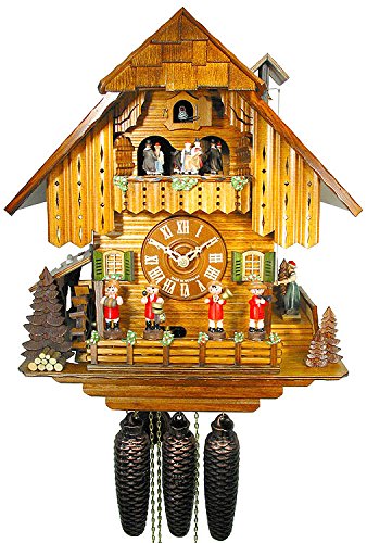 Grande horloge à coucou traditionnelle de la forêt noire certifiée, 8 jours, en bois sculpté, grand chalet avec danseurs de August Schwer