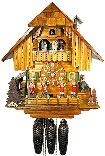 Grande horloge à coucou traditionnelle de la forêt noire certifiée, 8 jours, en bois sculpté, grand chalet avec danseurs de August Schwer