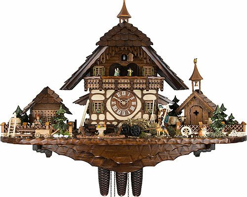 Grande horloge à coucou traditionnelle en bois avec décor village