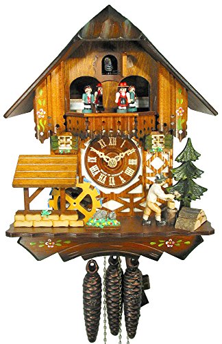 Horloge à coucou traditionnelle en bois : forme chalet avec personnages et saynète