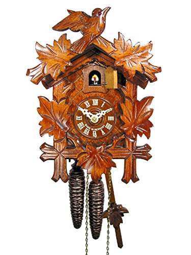 Horloge à coucou traditionnelle de la forêt noire certifiée, 1 jour, avec 5 feuilles sculptées