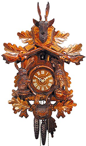 Horloge à coucou traditionnelle de la forêt noire certifiée, 8 jours, avec tête de cerf et animaux de August Schwer, 1 jour