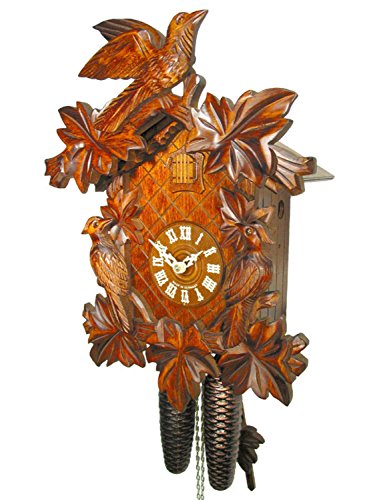 Horloge à coucou traditionnelle de la forêt noire certifiée, 8 jours, avec 7 feuilles et 3 oiseaux