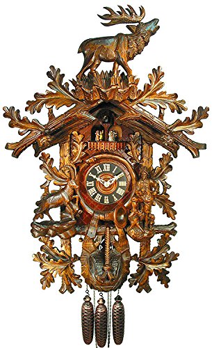 Horloge à coucou traditionnelle de la forêt noire certifiée, 8 jours, en bois sculpté avec cerf de August Schwer