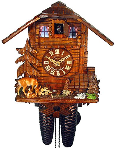 Horloge à coucou traditionnelle de la forêt noire certifiée, 8 jours, en bois sculpté avec chalet et biche de August Schwer