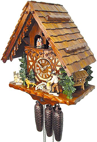 Horloge à coucou traditionnelle de la forêt noire certifiée, 8 jours, en bois sculpté avec chalet et bucheron de August Schwer