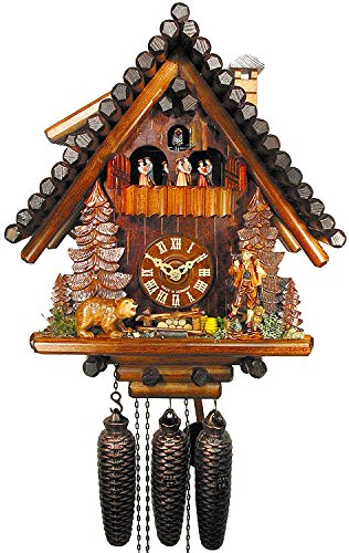 Horloge à coucou traditionnelle de la forêt noire certifiée, 8 jours, en bois sculpté avec chalet, danseurs et ours de August Schwer