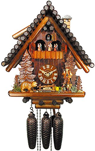 Horloge à coucou traditionnelle de la forêt noire certifiée, 8 jours, en bois sculpté avec chalet, danseurs et ours de August Schwer