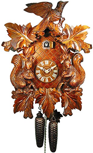 Horloge à coucou traditionnelle de la forêt noire certifiée, 8 jours, avec coucou et écureuils  de August Schwer