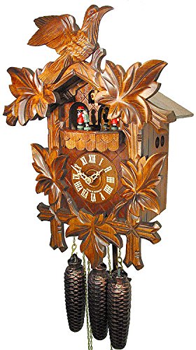 Horloge à coucou traditionnelle de la forêt noire certifiée, 8 jours, en bois sculpté 5 feuilles de August Schwer
