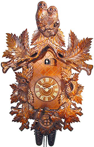 Horloge à coucou traditionnelle de la forêt noire certifiée, 8 jours, avec couple de hiboux de August Schwer en bois sculpté