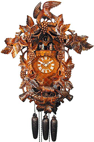 Horloge à coucou traditionnelle de la forêt noire certifiée, 8 jours, en bois sculpté avec grappes de raisin de August Schwer