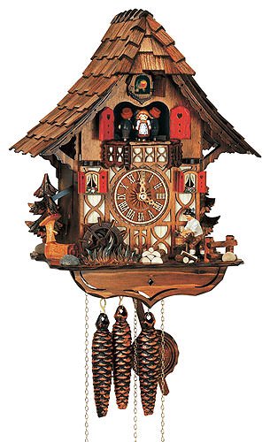 Horloge à coucou allemande en forme de chalet en bois avec personnages
