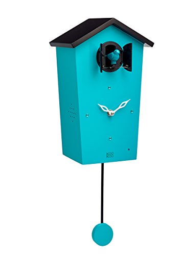 Horloge à coucou design moderne bleue turquoise avec chants d'oiseaux naturels Kookoo